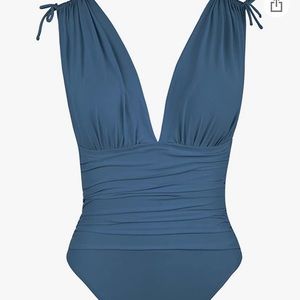 Blue one piece plunging V neck swimsuit